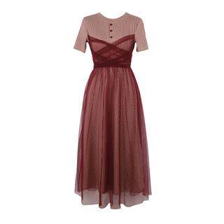 Short Sleeve Mock Neck Mesh Panel A-line Dress