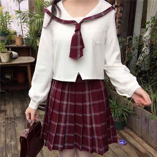 Long-sleeve Sailor Collar Top / Mini Plaid Pleated Skirt