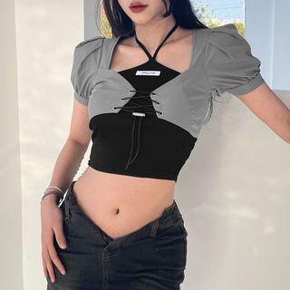 Set: Halter Camisole Top + Puff-sleeve Crop Top