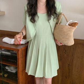 Set: Short-sleeve Blazer + Spaghetti Strap A-line Dress