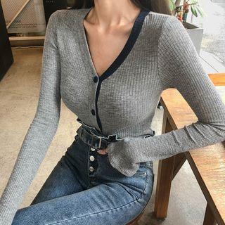 Contrast-trim Slim-fit Rib Cardigan