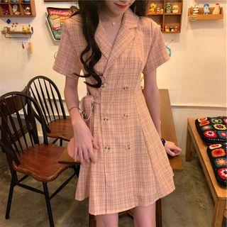 Plaid Short-sleeve Collared A-line Dress Pink - One Size