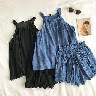 Set:plain Halter Tank Top + High-waist Wide-leg Shorts