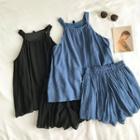 Set:plain Halter Tank Top + High-waist Wide-leg Shorts