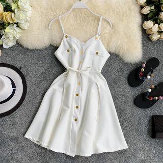 V-neck Single-breasted Spaghetti Strap Dress