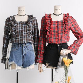 Ruffled-trim Square-neck Plaid Shirt