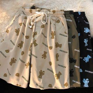 Drawstring Bear Print Straight Leg Shorts