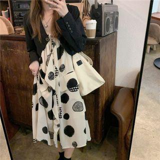 Spaghetti Strap Dotted Midi A-line Dress / Cropped Blazer