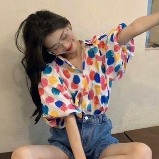Elbow-sleeve Balloon Print Shirt / Denim Shorts