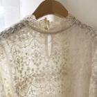 Crochet-neck See-through Lace Top Cream - One Size