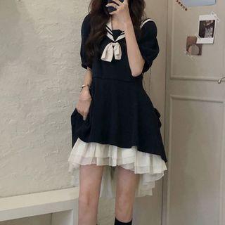 Contrast Trim Short-sleeve Mini A-line Dress Dark Blue - One Size