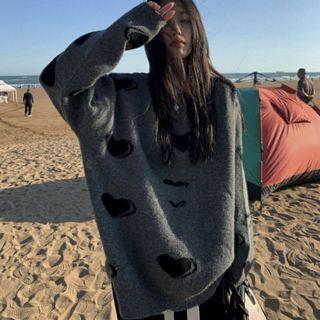 Heart Print Sweater Black & Gray - One Size