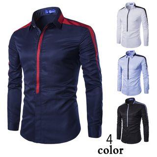 Long-sleeved Color Block Open-front Blouse