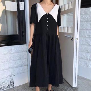 Contrast Collar Short-sleeve A-line Maxi Dress