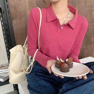 Plain Long-sleeve Slim-fit Crop Polo-shirt As Figure - One Size