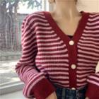 V-neck Striped Cardigan Pink & Wine Red - One Size