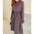 Frilled-neck Tie-waist Rosette Dress