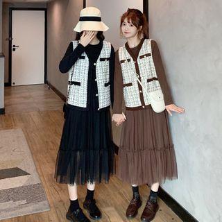 Set: Long-sleeve Midi Mesh Dress + Tweed Buttoned Vest