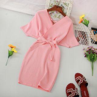 Short-sleeve Sashed Knit Dress