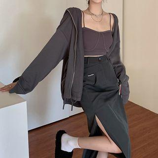 Zip Hoodie / Cropped Camisole Top / Slit Midi Skirt