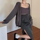 Zip Hoodie / Cropped Camisole Top / Slit Midi Skirt