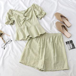 Set: Plain Short-sleeve Peplum Top + Elastic-waist Wide-leg Shorts