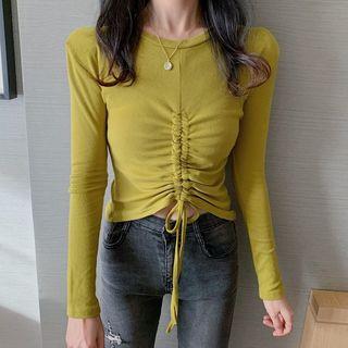 Long-sleeve Ruched-front Plain Cropped Top