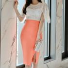 Set: Short-sleeve Lace Blouse + Midi Pencil Skirt