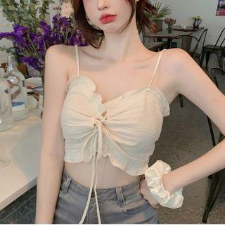 Tie-front Frill Trim Cropped Camisole Top Almond - One Size