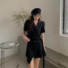 Short-sleeve Mini Wrap Dress Black - One Size