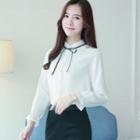 Long-sleeved Stand Collar Open-front Plain Blouse