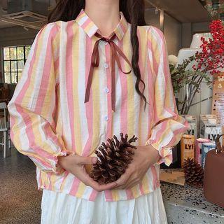 Striped Blouse / Crinkle Midi A-line Skirt