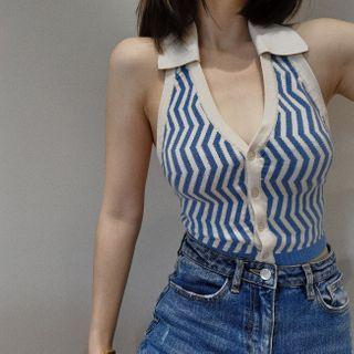 V-neck Striped Two Tone Tank Top
