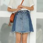 Color Panel Fray Hem A-line Denim Skirt