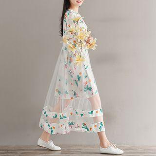 Floral Print Mesh Panel Elbow-sleeve Dress