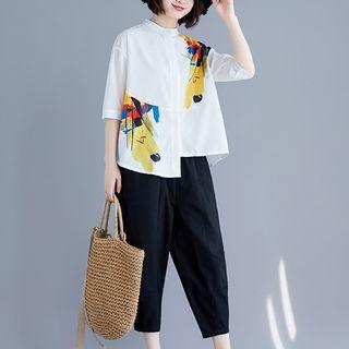Set: 3/4-sleeve Print Shirt + Cropped Harem Pants