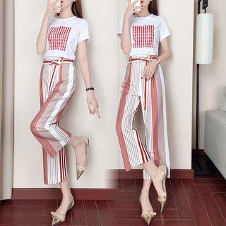 Set: Printed Short Sleeve T-shirt + Striped Straight Cut Pants