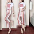 Set: Printed Short Sleeve T-shirt + Striped Straight Cut Pants