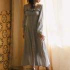 Long-sleeve Ruffled Check Midi A-line Dress