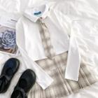 Long-sleeve Plain Shirt + Plaid Tie / Plaid Pleated Mini Skirt