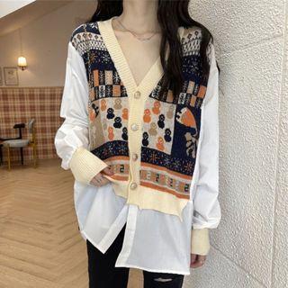 Mock Two Piece Button-up Knit Shirt