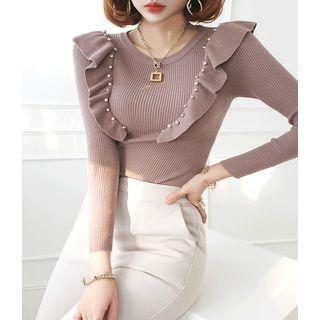 Rhinestone Frilly Rib-knit Top