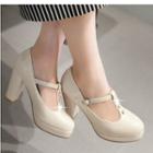 Faux-pearl T-strap Chunky-heel Pumps