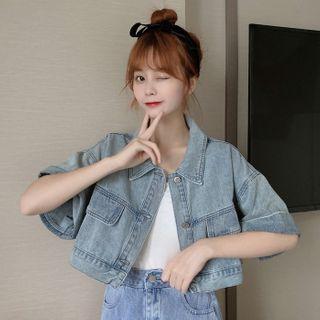 Short-sleeve Embellished Tie-neck Denim Shirt