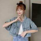 Short-sleeve Embellished Tie-neck Denim Shirt