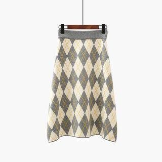 Argyle Midi A-line Knit Skirt Gray & White - One Size
