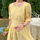 Short-sleeve Plaid Midi A-line Dress Light Yellow - One Size