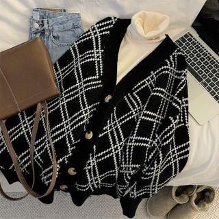 Long-sleeve Plaid Cardigan Black - One Size