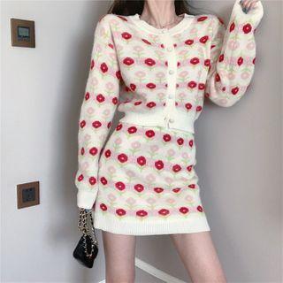 Flower Print Knit Cardigan / Flower Print Knit Skirt