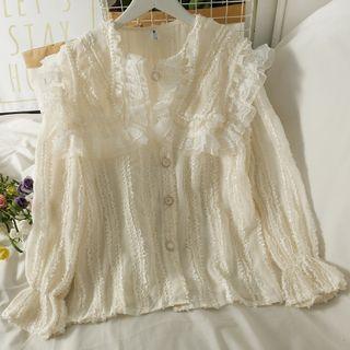 Pearl-trim Ruffled Loose Lace Shirt
